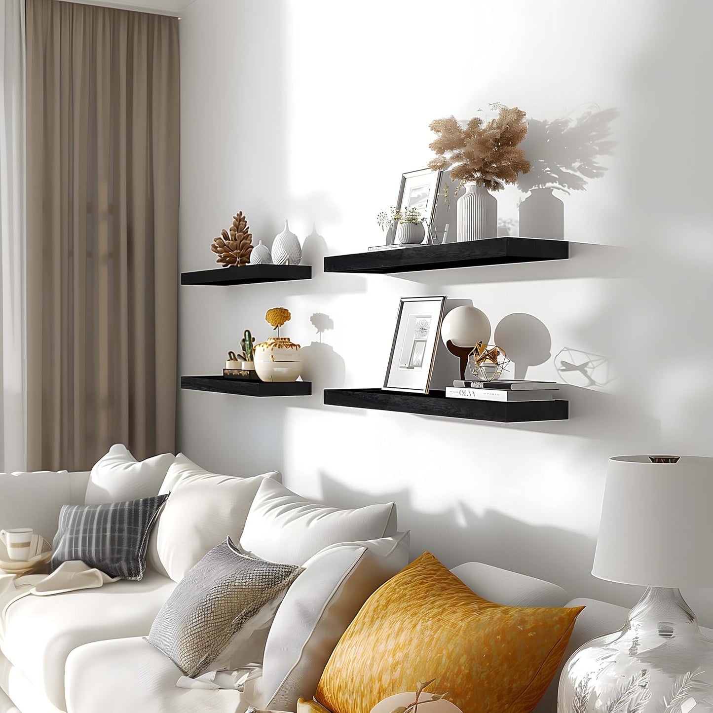 Black Wood Floating Shelves for Wall Rustic Wall Shelves for Bedroom Set of 6