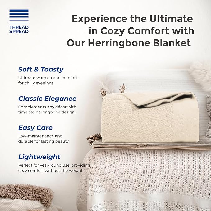 Organic GOTS Certified Cotton Blanket, Twin/Twin XL - 350 GSM, Antistatic, Fuzzy Soft, Lightweight, Sofa, Camping & Travel, All-Season Herringbone Throw, Ivory/Cream + Stylish Bonus Tote Bag