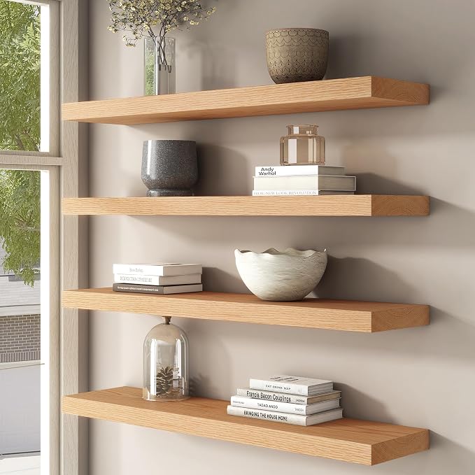 FLYJOE Floating Shelves for Wall, USA-Sourced Oak Wood 36 Inch Long Wall Shelves Set of 2, Natural Wooden Wall Mounted Picture Ledge Shelf, Nursery Book Storage Shelf Kids Bookshelf, Display Shelf