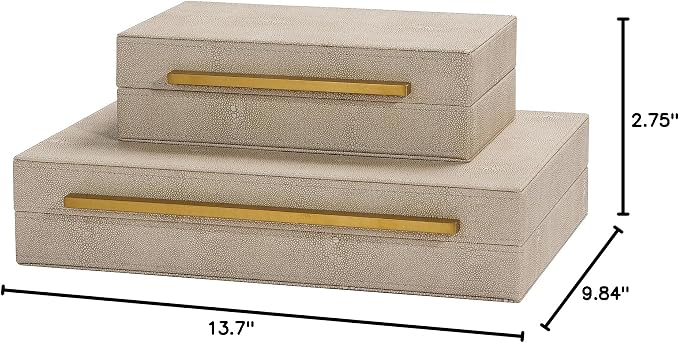 Kingflux Ivory Shagreen Leather Set of 2pcs Decorative Boxes, Storage Boxes Jewelry Organizer, Woment&Men's Accessory Organizer ，Memory Keepsake Box with Brushed Gold handle(Ivory)
