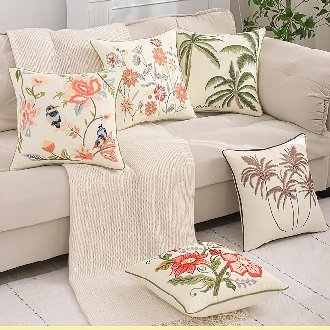 Coconut Tree Pillow Covers 18x18 inch Set of 2 Embroidery Throw Pillow Covers Farmhouse Pillow Cushion Case Spring Summer Decorative Farm Pillowcases Square Rustic Pillow Case, Brown