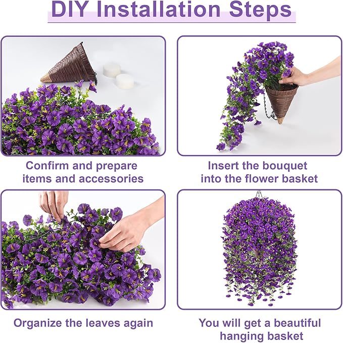 Artificial Hanging Flowers with Basket, 480 Blooms UV Resistant Faux Morning Glory Silk Plants, Fast & Easy Assembly Fake Hanging Baskets for Outdoor Porch Patio Garden Decor, Purple