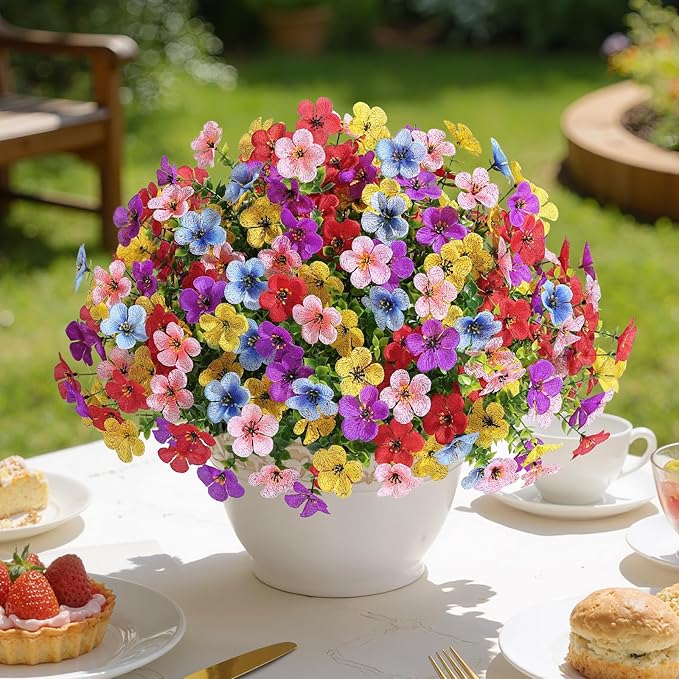 Alupssuc 20 Bundles Artificial Flowers for Outdoor Indoor Decoration, UV Resistant No Fade Fake Plants Eucalyptus, Colorful Faux Spring Flowers for Outside Yard Porch Patio Garden Home Window Box