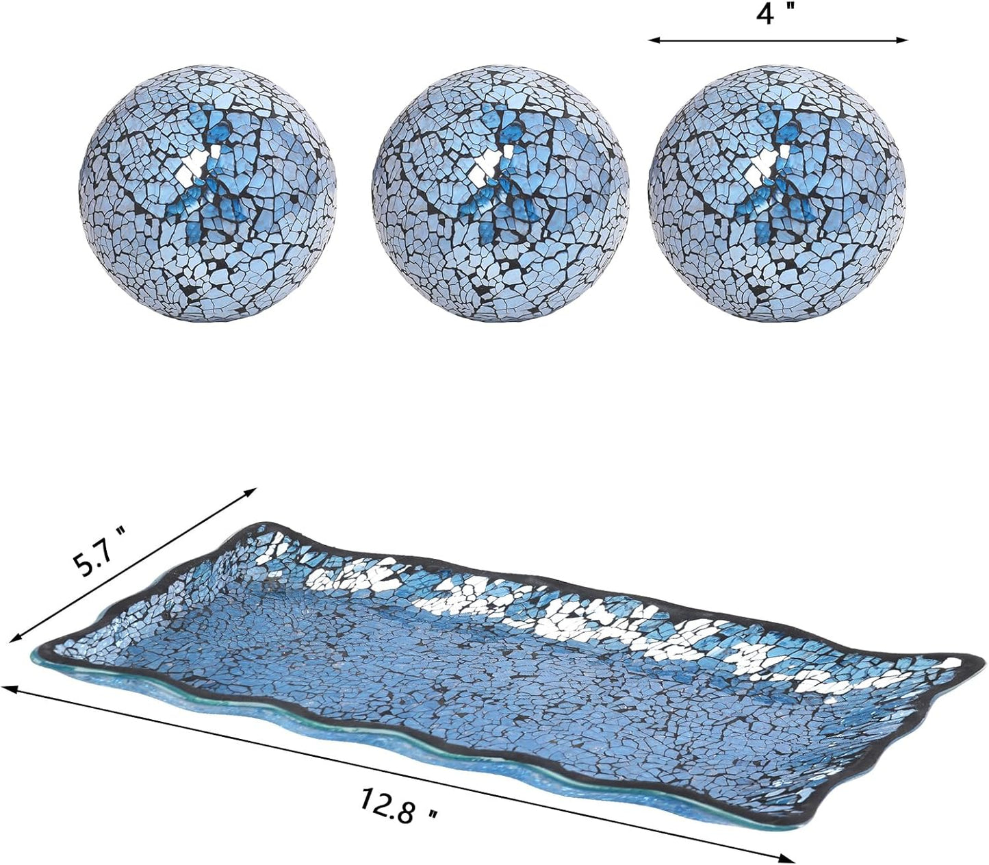 VCUTEKA Decorative Balls and Glass Bowl, 4 Inch Mosaic Sphere Balls Centerpiece Balls for Coffee Table, Home Decor, Wedding Party Decor, Blue