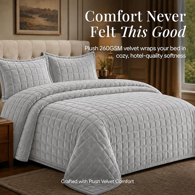 Tribeca Living Luxury Velvet Quilt King Size Set - 260GSM Ultra-Soft Oversized Velvet Bedspread Comforter Set with 2 Shams, in Florence Silver Grey