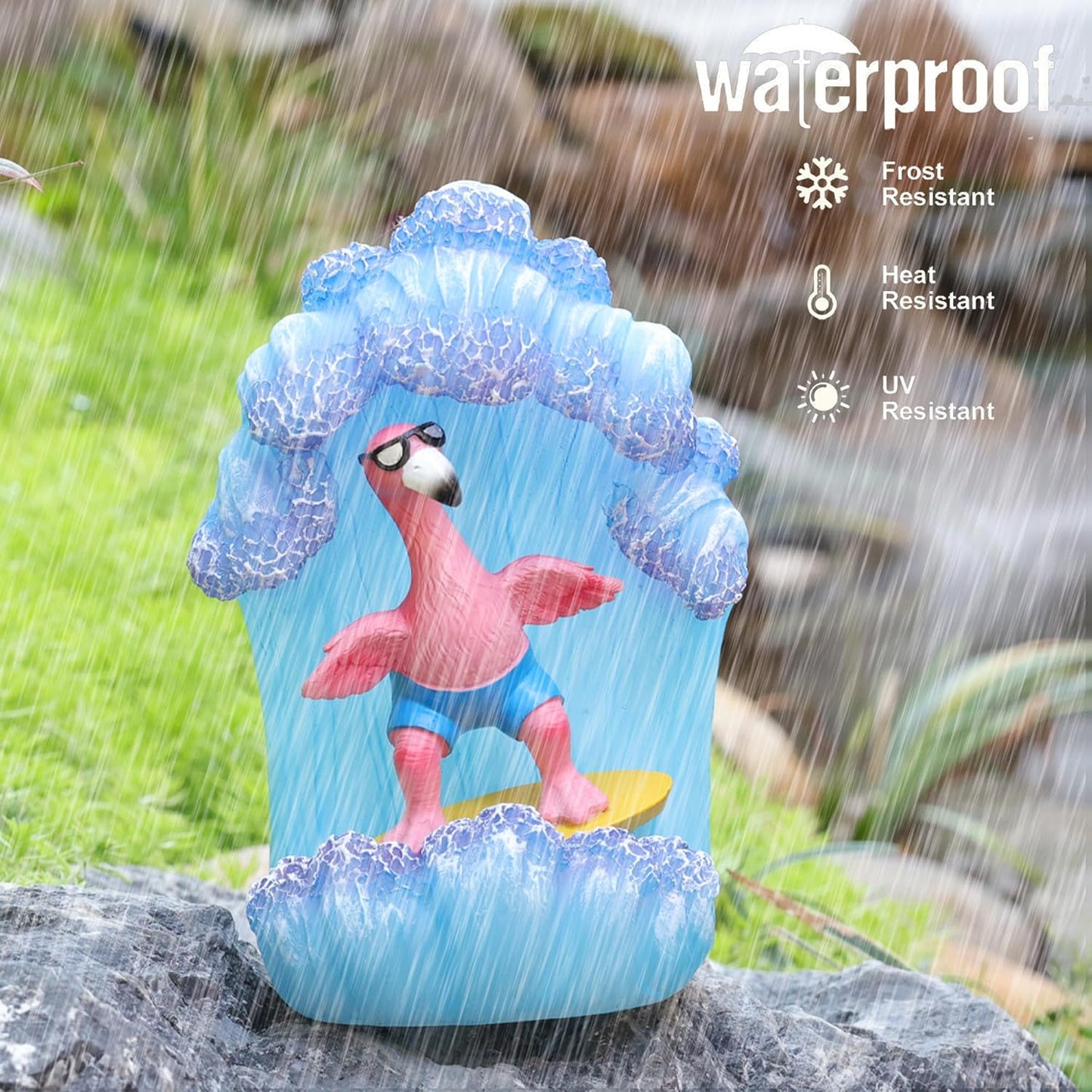 Pink Flamingos for Yard-Garden Statues Solar Decor - Surfing Hawaii Beach Yard Art Light up Sea Wave Outdoor Decor for Patio Lawn Yard