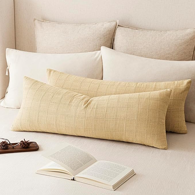 Foindtower Set of 2 Decorative Linen Check Throw Pillow Covers Neutral Farmhouse Vintage Cushion Covers Cozy Modern Boho Accent Home Decor for Sofa Chair Couch Bed Living Room,14×36 Inch,Light Yellow