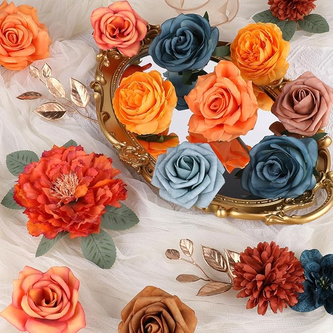 AGIRL Artificial Flowers Combo Silk Mix Teal Orange Fake Flower with Stems for DIY Wedding Bouquets Centerpieces Arrangements Table Chair Decor Baby Shower Home Decor (Teal Orange)