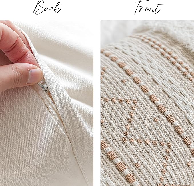 BlissBlush Decorative Throw Pillow Covers 20x20 Combo Set of 2 Square Cream Neutral White Boho Accent Pillowcase Tassels Farmhouse Cushion for Couch Sofa Bedroom Living Room Home Décor Cover ONLY