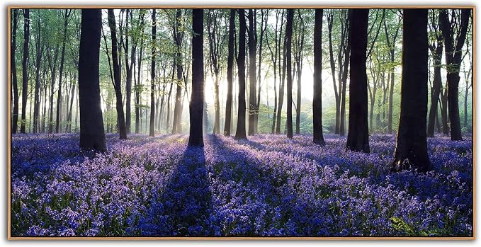 yearainn Framed Purple Lavender Forest Canvas Wall Art 24" x 48" | Lavender Field Sunlight Trees Canvas Picture, Nature Landscape Painting Artwork for Home Wall Decor, Natural Wood Frame