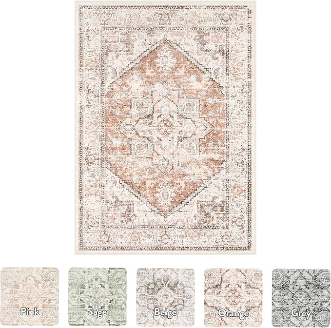 LIVEBOX 8x10 Area Rug for Living Room, Washable Orange Boho Rug, Soft Non-Slip, Low-Pile Vintage Medallion, Retro Faux Wool for Dining Room, Bedroom, Office
