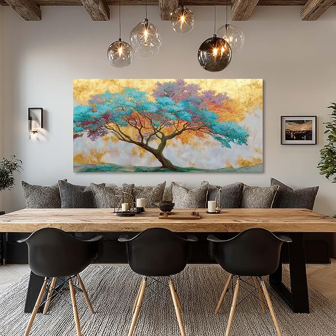 Ggaafet Gold Blue Tree Wall Art for Living Room Canvas Oil Painting Prints Beautiful Tree of Life Art Deco Modern Artwork Office Bedroom Family Dining Room Decor Extra Large