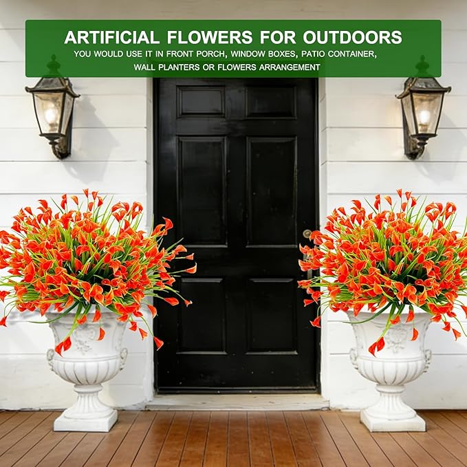 TURNMEON 20 Bundles Calla Lily (400 Heads) Artificial Flowers for Outdoors UV Resistant, Fake Faux Plastic Fake Flowers Plants for Indoor Yards Planter Home Porch Spring Fall Summer Decor(Orange Red)