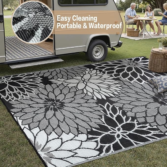 HUGEAR 8'x10' Outdoor Rug Waterproof Plastic Straw Rugs Large Black Reversible Floral Mat Floor Carpet for Camping RV Deck Entryance Porch Picnic Balcony Beach Backyard