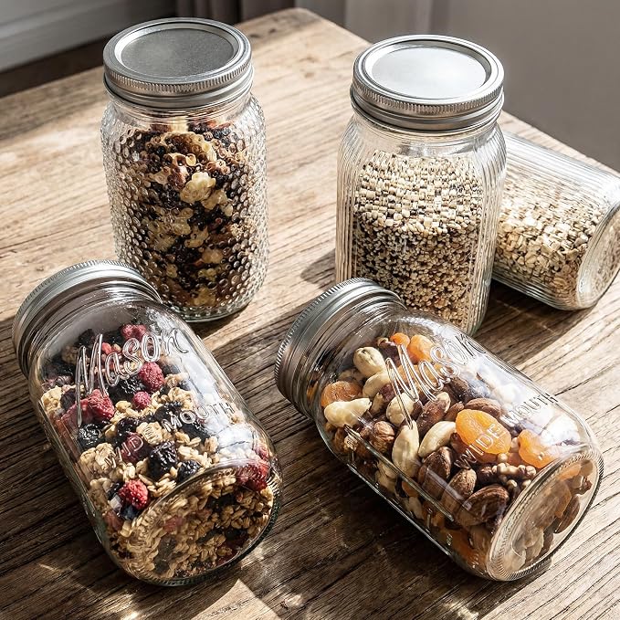 Rubtlamp Clear Mason jar 32 oz, 12 Mixed Pack Glass Jars - Wide Mouth Mason Jars with Airtight Lids for Pickling, Fermenting, Food Storage&DIY Crafts, Microwave & Dishwasher Safe