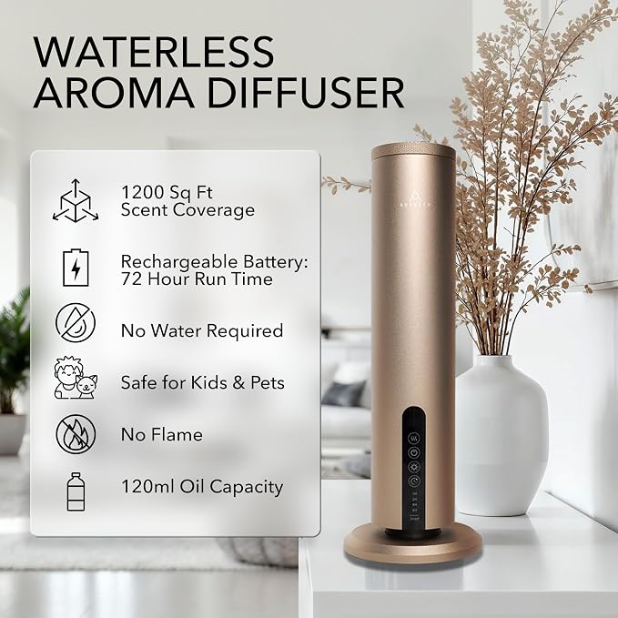 Breeze Waterless Diffuser, Cordless & Rechargeable Fragrance Oil Diffuser with Cabana & White Tea Oils Included, 1200 Sq Ft Coverage, Bluetooth & App Control, Cold Air Diffuser, Gold