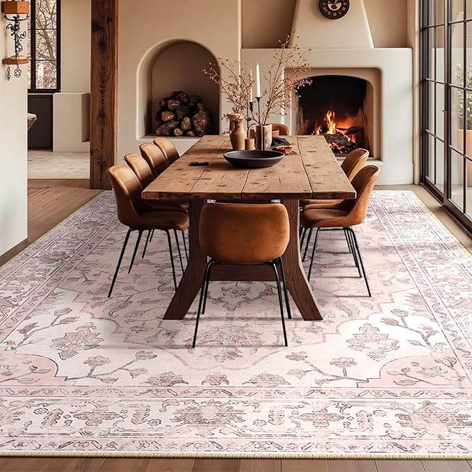 RELEANY Area Rugs 10'x12' Washable Non-Slip, Floral Vintage Distress Print Pattern Medallion Carpet for Living Room Bedroom Dining Room, Pink Greypink Cute