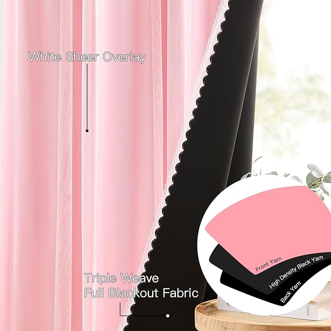 XiDi Full Blackout Pink Curtains with Sheer Overlay Double Layer Curtains for Nursery Girls Bedroom 84 Inches Long 2 Panels Kids Toddler Princess Room Decor Grommet Privacy Window Drapes W34 X L84