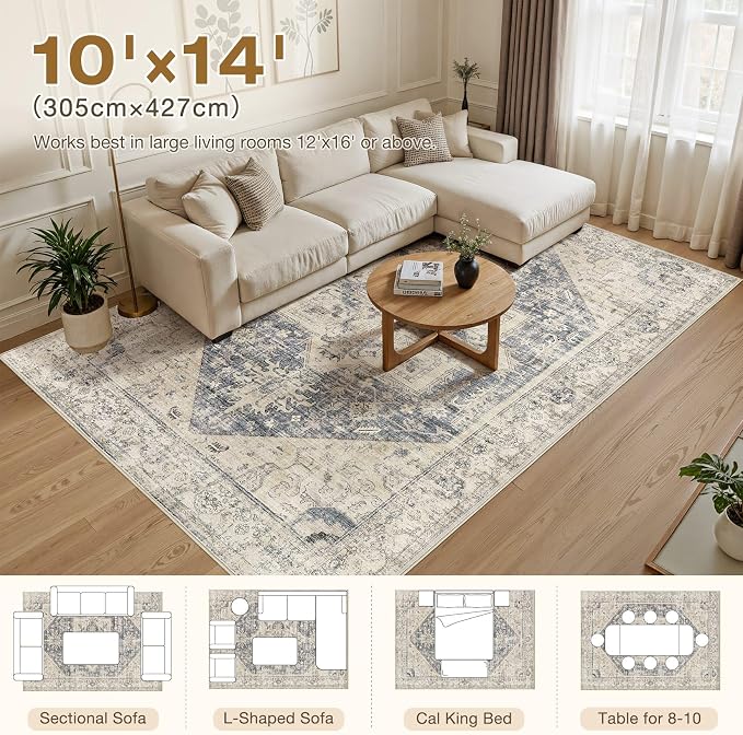 10x14 Area Rugs for Living Room - Large Carpet Ultra Thin Soft Washable Oriental Vintage Floral Distressed Big Indoor Carpets for Bedroom Nursery Dorm Home Decor Aesthetic - Blue Beige