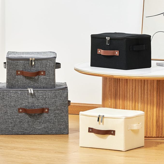4 Pack Storage Bins with Zipper Lid Cotton Linen Fabric Lidded Storage Baskets Boxes Foldable Washable Closet Shelf Clothes Organizer Container with PU Leather Handles (Black, Small)