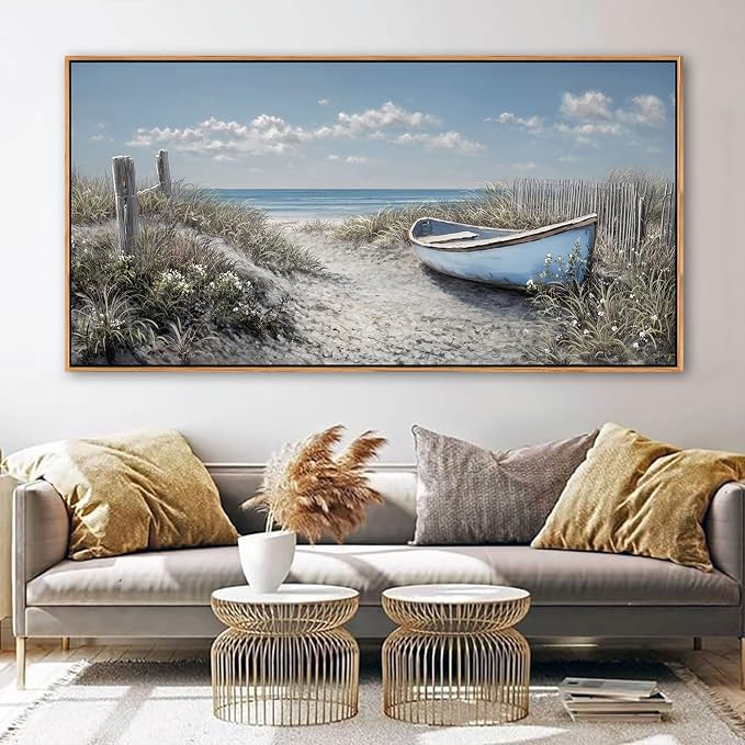 Coastal Wall Art for Living Room Vintage Boat Artwork for Walls, Framed Landscape Canvas Wall Art Blue Ocean Beach Pictures, Farmhouse Sailboat Bedroom Decor Above Bed 20×40IN