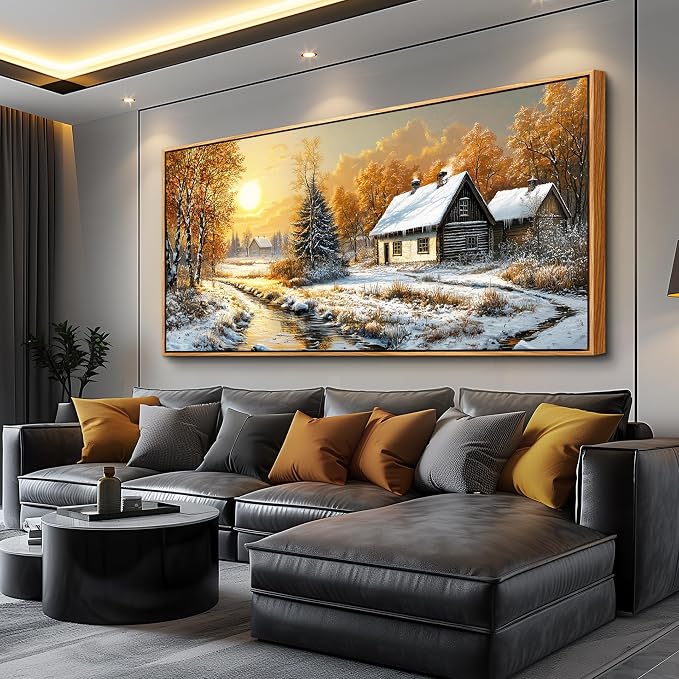 XIGUANGART Snow Landscape Wall Art Framed,Large Canavs Wall Art,Forest Pictures Bedroom,Lake Paintings,Cottage Artwork for Walls,Vintage Rustic Farmhouse Art Prints for Living Room Kitchen,60"x30"