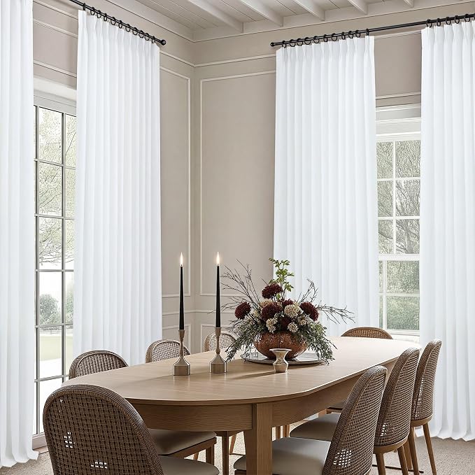 Extra Wide Pinch Pleated White Linen Curtains 84 Inch Long 70 Inch Width for Living Room Bedroom Light Filtering Semi Sheer Window Curtain Boho Pleat Drape Farmhouse Ruffled Shabby Chic 2 Panel 70x84