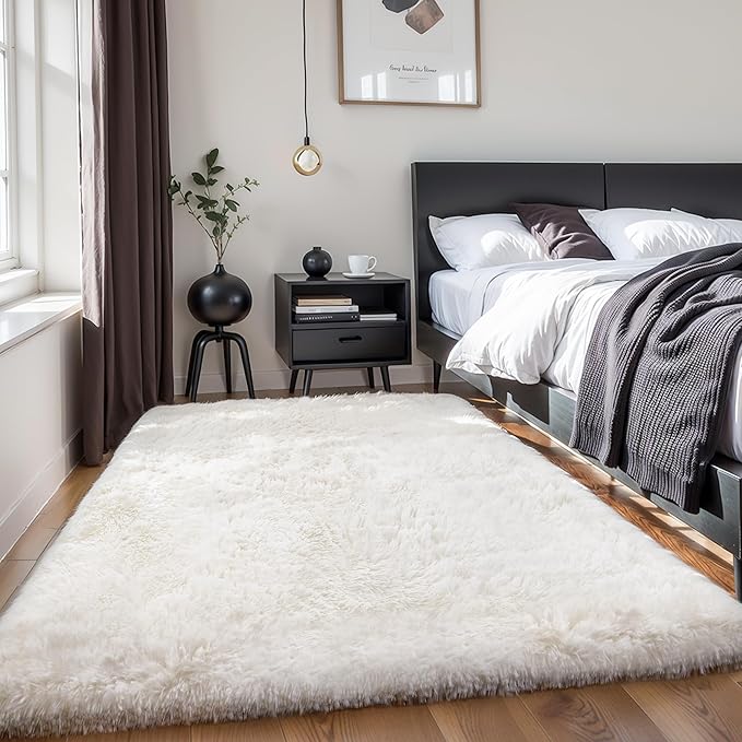 KICHOWUA Thick Area Rug 5x7 Cream White Fluffy Shag for Girl Bedroom,Ultra Soft Plush Fuzzy Washable Thickened Non-Slip Floor Carpet,Modern Furry Shaggy Rug for Living Room Nursery Kids Boy Dorm,Ivory