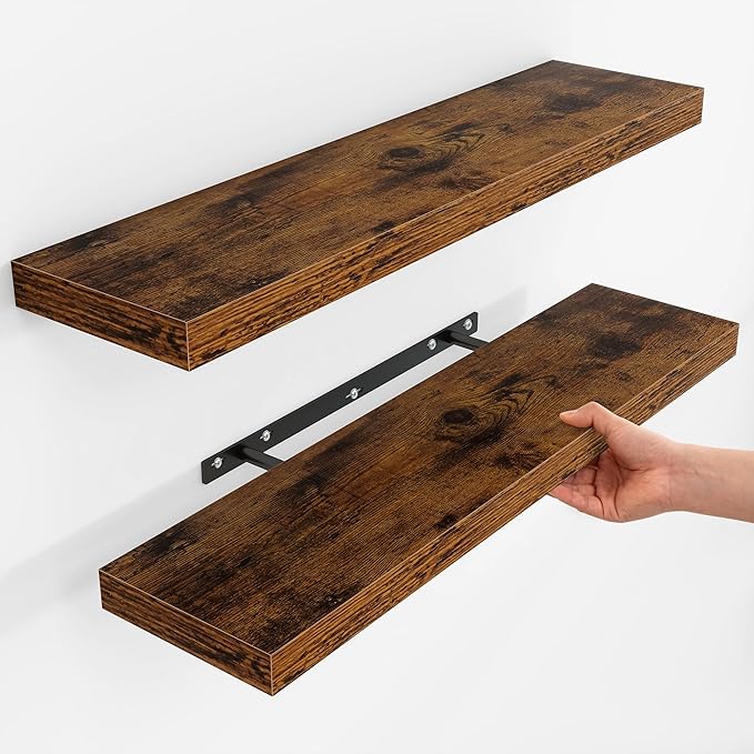 Fun Memories Floating Shelves for Wall, Rustic Wood Wall Mounted Shelves for Bathroom, Bedroom, Living Room and Kitchen, Storage & Home Decor (Set of 2, Brown, 32 in)