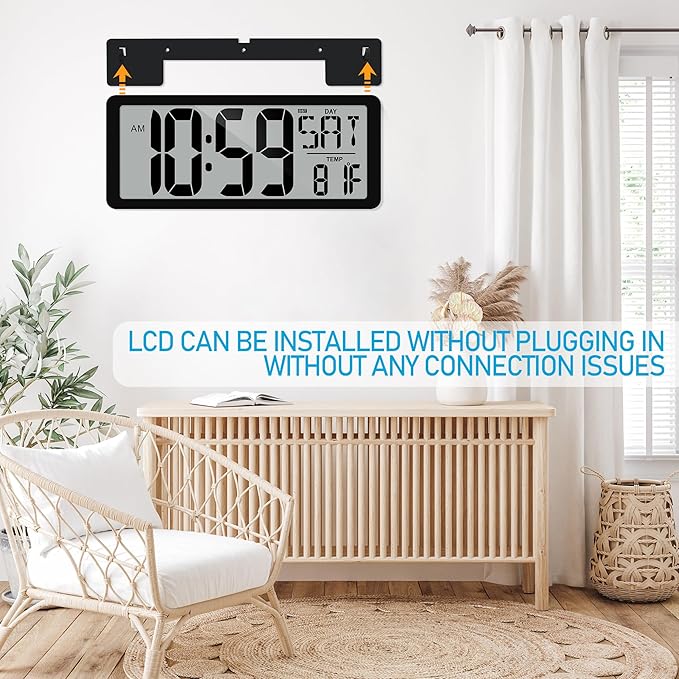 TXL 14.2"" Large Digital Wall Clock Battery Operated, Digital Clock Large display with Day, Date & Temperature, Large wall clock for Bedroom, Livingroom, Office，Battery Included, Black