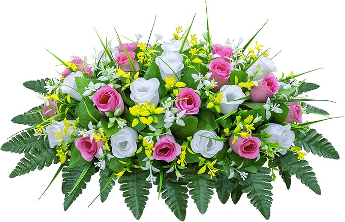 LVXINLI Artificial Cemetery Flowers Saddle-Shaped Tombstone Decorations Non-Fading UV-Resistant（Pink+White Saddle ）