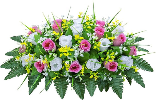 LVXINLI Artificial Cemetery Flowers Saddle-Shaped Tombstone Decorations Non-Fading UV-Resistant（Pink+White Saddle ）