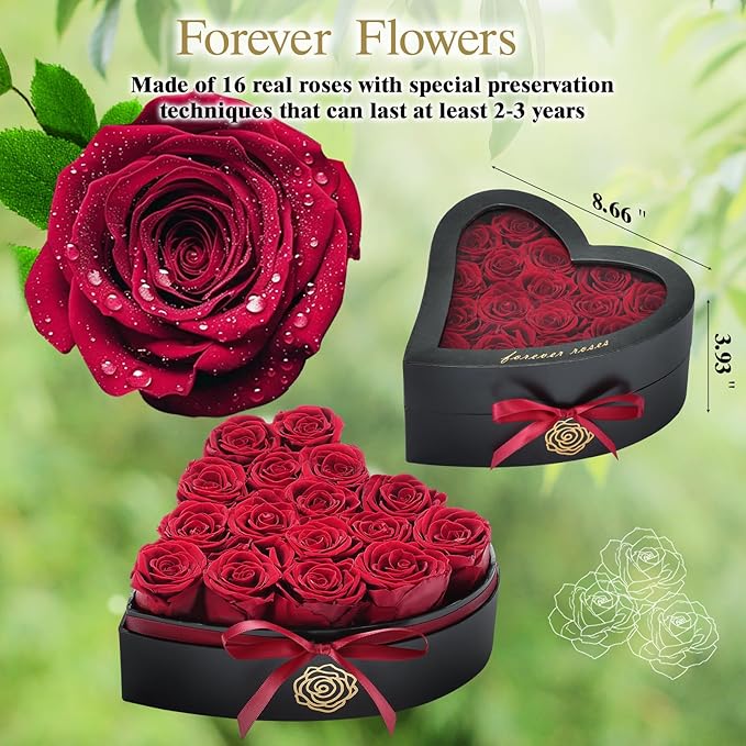 HERBMOTG 16 Forever Real Roses in Heart-Shaped Box with a Curved Design, Grade A Quality-Preserved Roses for Birthday, Mothers Day & Valentines Day (Wine)