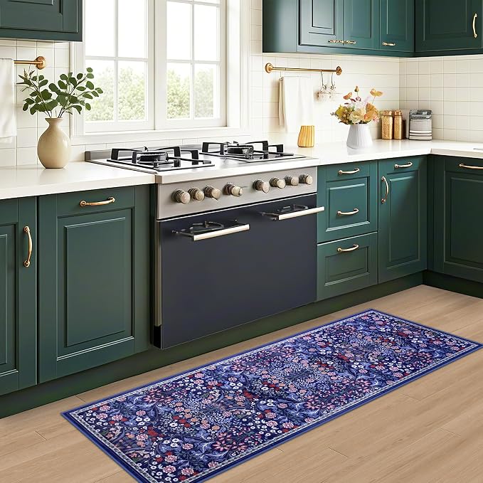 Runner Rug for Entryway: 2x6 Kitchen Rugs Non Slip Washable Ultra-Thin Soft Floral Carpet Indoor Floor Stain Resistant Carpets for Hallway Bedroom Kitchen Laundry Bathroom Dorm Blue