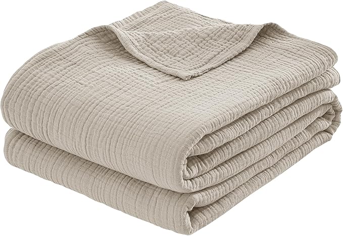 100% Cotton Muslin Throw XL Blanket (50" x 70") – A Luxuriously Soft, 4-Layer Lightweight and Breathable Gauze Blanket, Perfect for Year-Round use on beds, couches (Khaki, Throw XL)