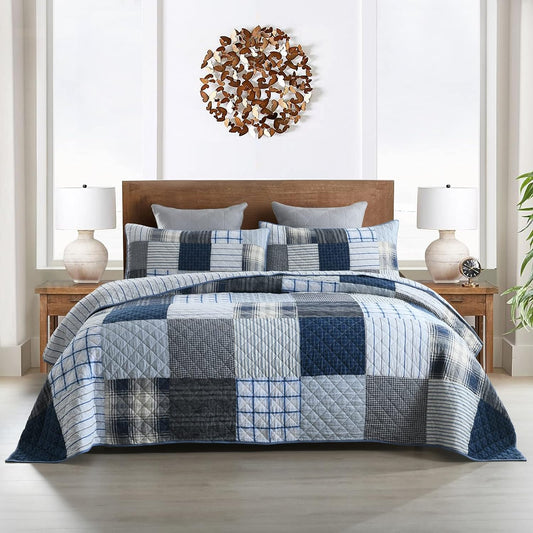Yvooxny King Quilt Set Bedspread Reversible Plaid Grid Quilted Bedspread 3-Piece Real Patchwork Quilt Bedding Set with Pillowcases for All Seasons, King Size, 108 * 96 Inches
