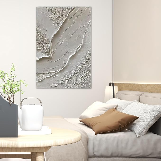 NANKAI Art Hand-Drawn 45x30 inch White Textured Art Oil Painting in Modern Large Abstract Style, Suitable as a Home Office Wall Decoration