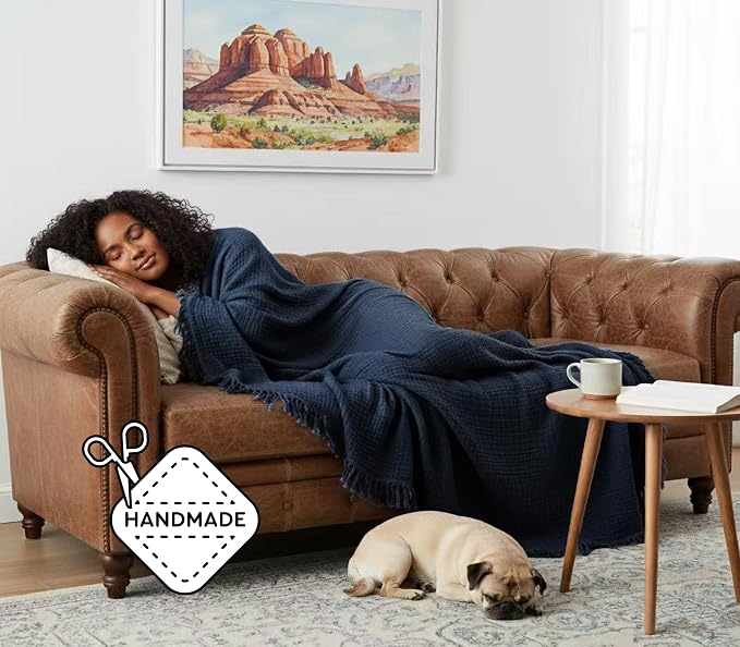 KyraHome 100% Organic Cotton Throw Blankets for Couch, Muslin Blankets for Adults, 60"x80", Plant Dyed Breathable Lightweight Summer Blankets, All Season (Navy Blue)
