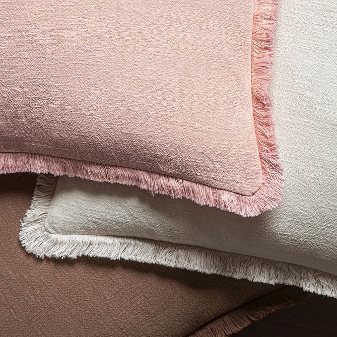 MIULEE Valentines Decorative Throw Pillow Covers Neutral Linen Fringe Throw Pillows Set of 2 Pink Boho Farmhouse Cushion Covers with Tassels for Couch Sofa Bed Living Room Spring Decor 18x18 Inch