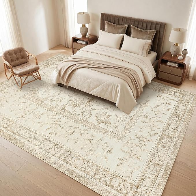 GarveeHome Vintage Beige Area Rug 9x12 for Living Room Washable Cottage Core Retro Farmhouse Low-Pile Non-Slip Large Carpet for Bedroom Dining Room Home Office TPE Backing Indoor Decor