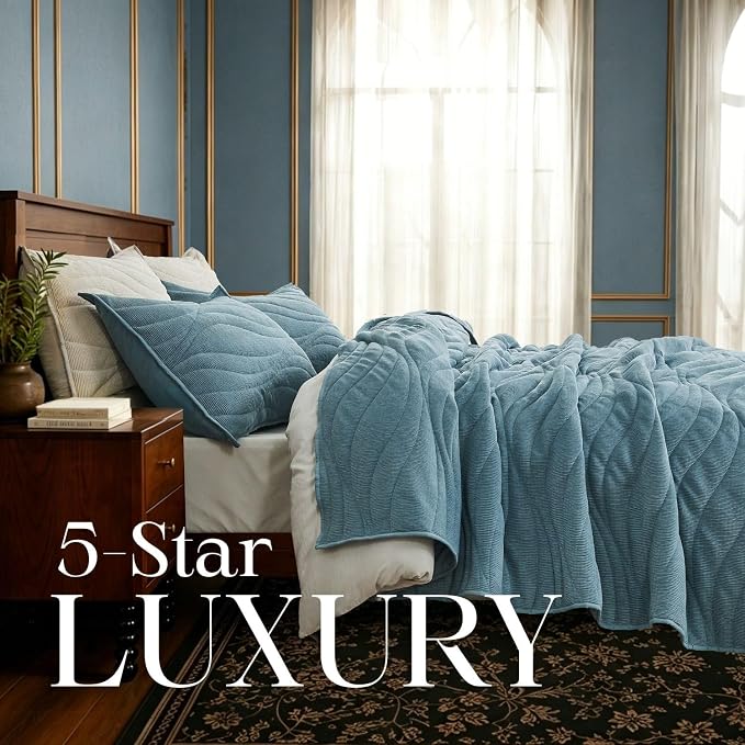 DOWN HOME Crinkle Textured Velvet Quilt Set with Shams, All-Season Luxury Modern Bedding,Easy Care Comforter,Ultra-Soft,Lightweight & Breathable, Cali King, Celestial Blue
