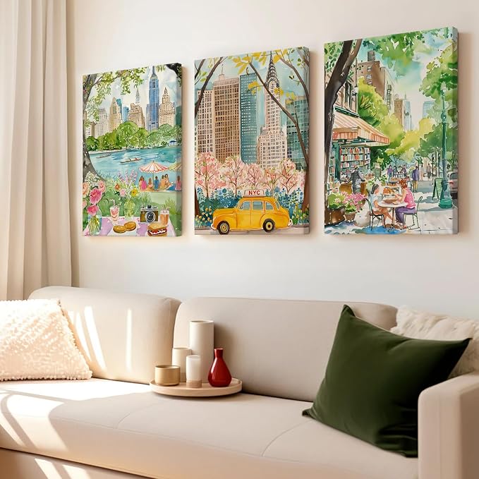 SYYANKK Watercolor New York City Wall Art NYC Canvas Poster Travel Wall Decor NYC Painting Central Park Picture New York Landmarks Artwork for Bedroom Living Room 16x24x3 Inch Ready to Hang