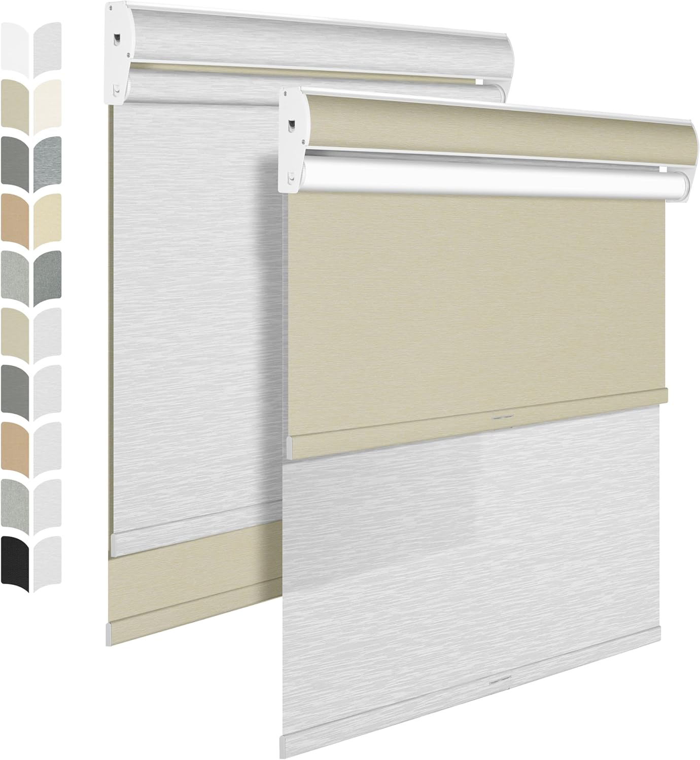 BERISSA Cordless Dual Roller Shades with Cassette Valance, Double Window Shades - Blackout and Light Filtering - Day and Night - Beige and White - Custom Sizes