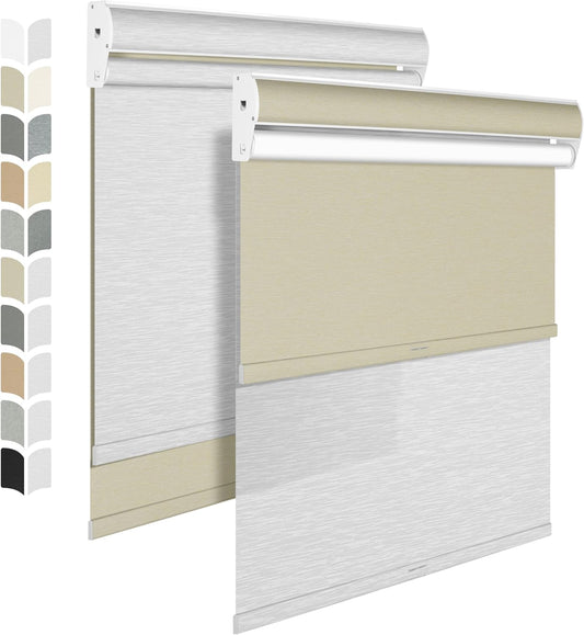 BERISSA Cordless Dual Roller Shades with Cassette Valance, Double Window Shades - Blackout and Light Filtering - Day and Night - Beige and White - Custom Sizes