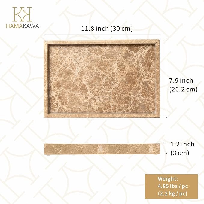 Large Bathroom Vanity Tray, Real Natural Marble Tray 12 inch, Emperador Light Marble Stone Toilet Tank Trays, Modern Dresser Trays, Countertop Organizer for Kitchen Counter, Soap Dispenser