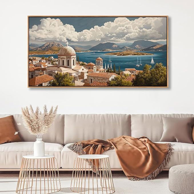 YDYSUNE Large Wall Art Framed Costal Wall Decor Retro Ocean Canvas Decor Sailboat Painting Village Seascape Artwork for Living Room Bedroom Dining Decoration Size 29x58 Inches