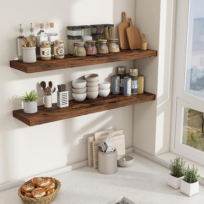 48 Inch Floating Shelves for Wall - 10 Inch Deep Fireplace Mantel Shelf - Wood Floating Shelf for Wall - Large Storage Shelves Wall-Mount for Living Room & Bedroom - Rustic Brown - Set of 2