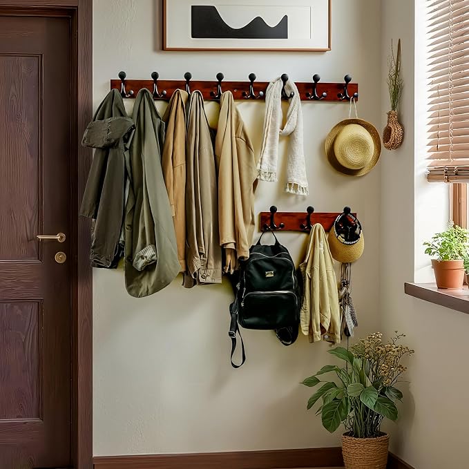 WEBI Coat Rack Wall Mount,43" Solid Wood Coat Hooks Wall Mounted Coat Hanger,16" Hole to Hole,Heavy Duty Hook Rack Rail,8 Triple Hooks for Hanging Coats,Jacket,Clothes,Hat,Backpack,Cherry