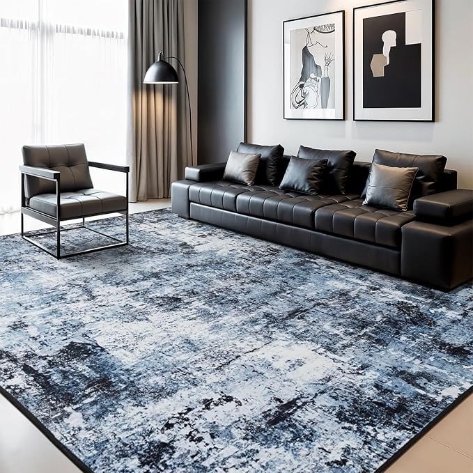 Rugflix 8x12 Area Rugs for Living Room, Washable Large Rug Stain-Resistant Low Pile, Modern Dark Carpet for Dining Room Home Office Kid Room Nursery Bedroom, Navy Blue/Black