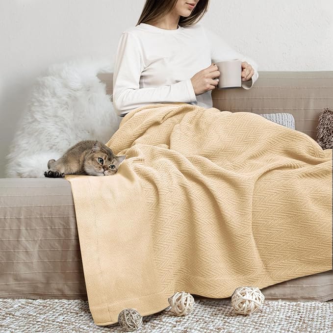 THREAD SPREAD Knitted Geometric Herringbone Pattern Handwoven Blanket 100% Extra Long Staple Cotton - Soft & Cozy Thermal All Season Throw for Bed Couch Chair Outdoors (King/Cal King, Beige)